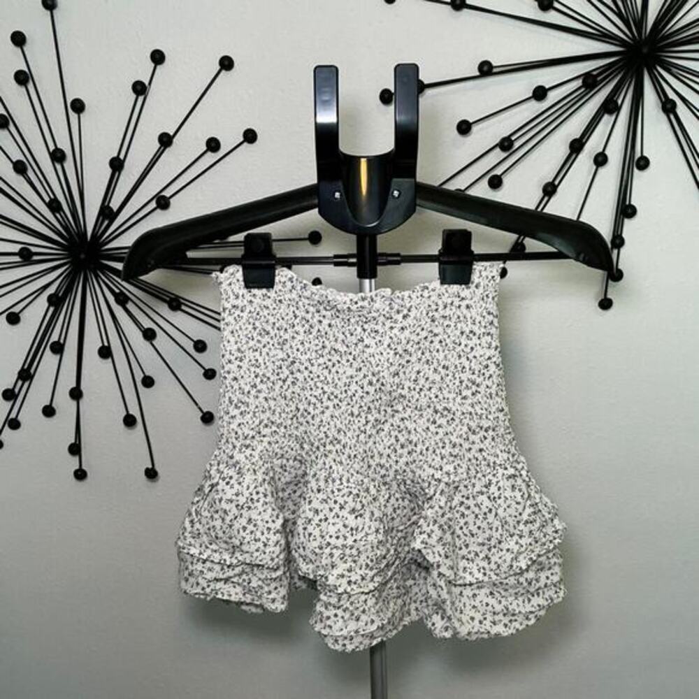 Garage Floral Smocked Ruffle Skirt White Blue Size S